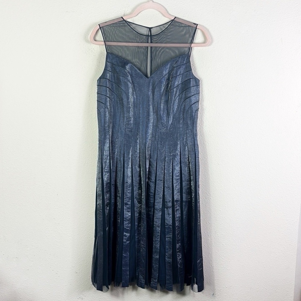 Adrianna Papell Pleated Shimmering Sleeveless Shift Dress Navy Blue size 10
